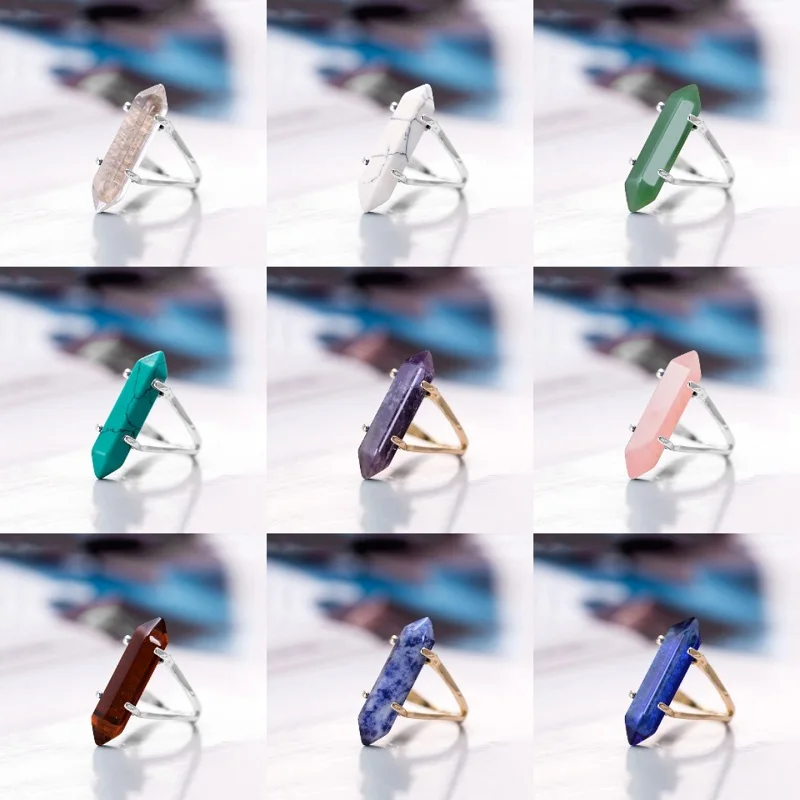 

Vintage Natural Crystal Chakra Hexagonal Prism Ring Reiki Healing Stone Carve Fashion Women Men Jewelry Finger Party Gifts