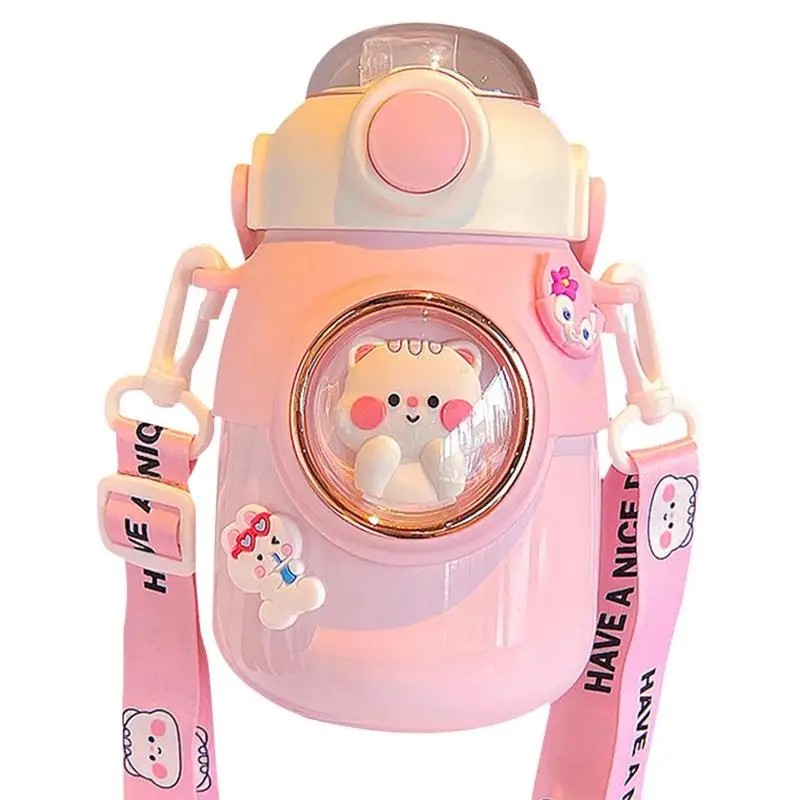 

Изолированная бутылка с ремешком, милая Вакуумная бутылка для воды из нержавеющей стали с соломинкой, термос, бутылки для воды, Спортивная с...