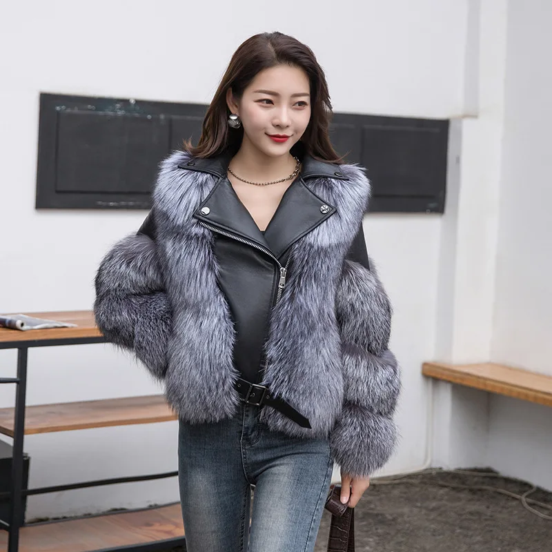 Winter Fashion Women's Real Fox Fur Jacket with Real Sheepskin Leather Full Leather Natural Fox Fur Jacket Luxury Biker Jacket