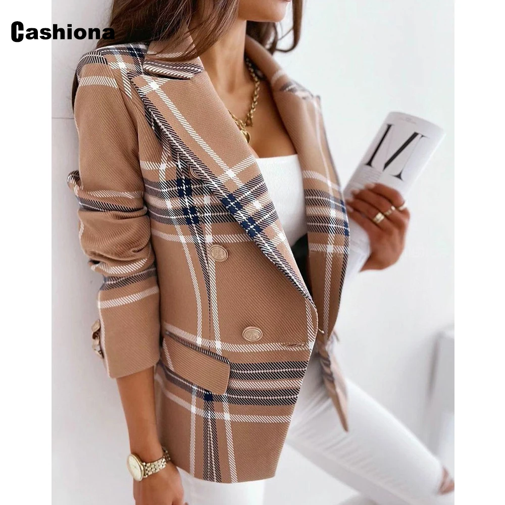 

Women Elegant Blazers Lapel Collar Stand Pocket Jackets 2022 Autumn Fashion Plaid Tops Outerwear Sexy Ladies Skinny Coats
