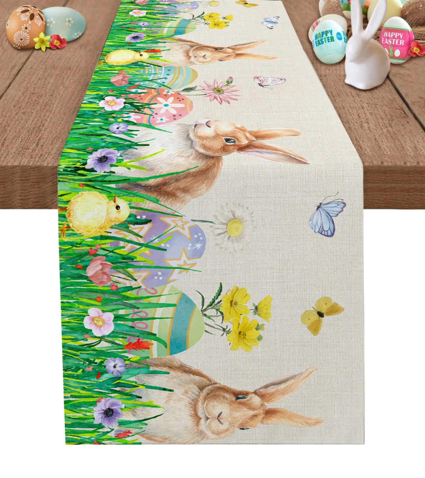 

Easter Bunny Eggs Grass Flowers Table Runner Wedding Party Table Decorations for Home Decor Gift Favor Placemat Tablecloth