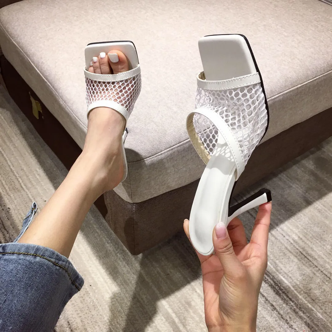 

2022 Sexy Fashion Women High Heel Hollow Out Sandals Female Fishnet Pumps Square Toe Ankle Sandals Ladies Shoes Black White