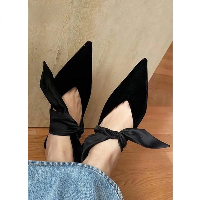 French Silk Tie Bow Sandals 2023 New Low-heeled Shoes Pointed Stilettos