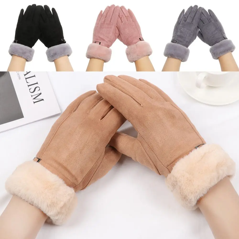 

Fashion Women Winter Faux Fur Touch Screen Gloves Thicken Warm Windproof Plus Velvet Cashmere Mittens Ski Driving Gloves