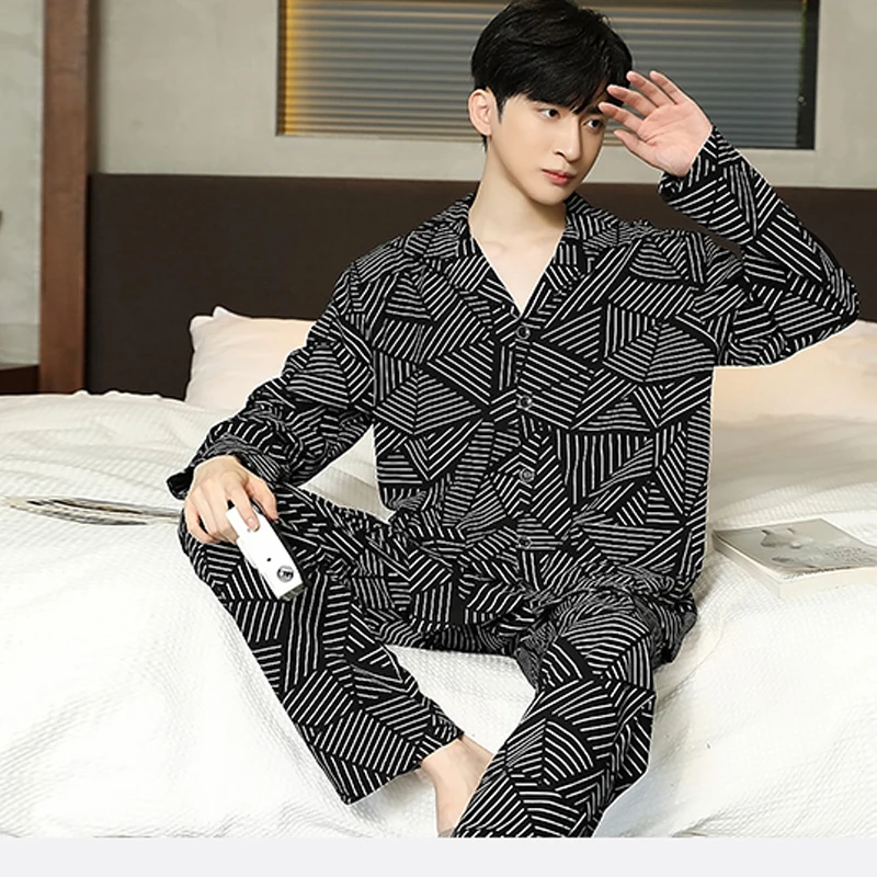 QUHENG Men Pyjamas Sets Cotton Pijama Sleepwear Autumn and Winter Long Sleeve Sleep Clothes Male 2 Pieces Sets Homewear  Men's