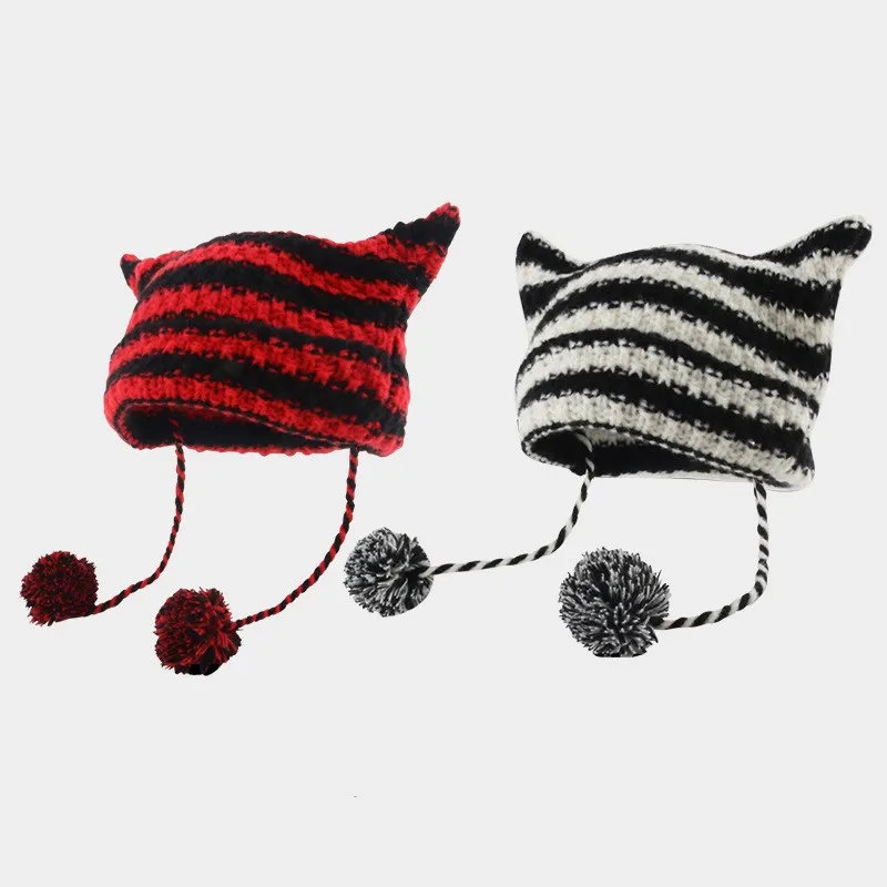 

Шерстяная Шапка Imp с кошачьими ушками, теплая осенне-зимняя вязаная шапка в полоску, уличная шапка в стиле хип-хоп, шерстяная шапка из хлопка, шапка для защиты ушей