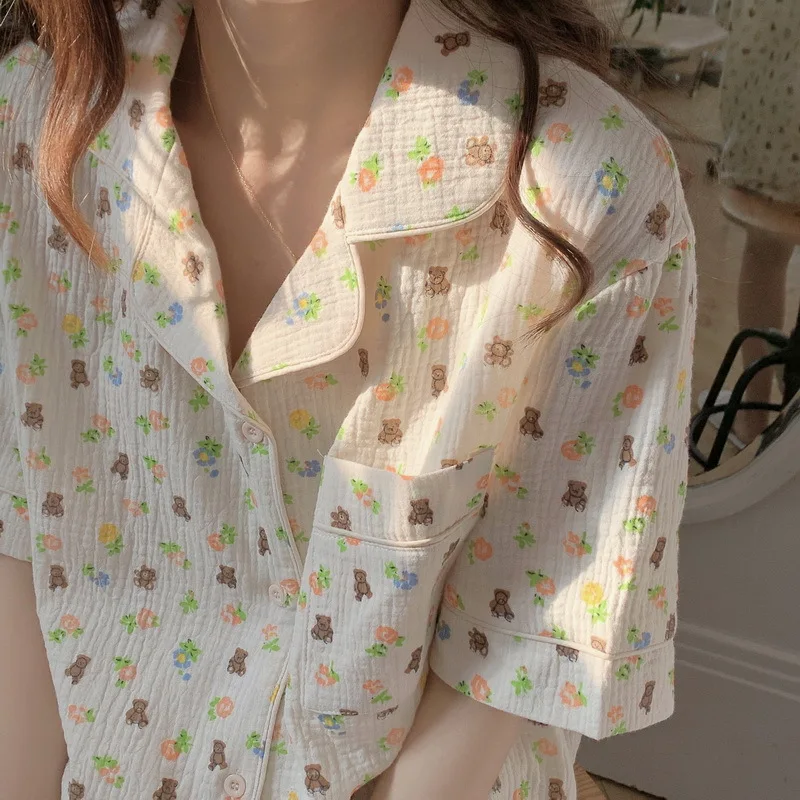 2pcs Women Pajamas Floral Sweet Bear Print Short-sleeved Single-breasted Lapels Top Causal Shorts Loungewear Suit Woman Pyjamas