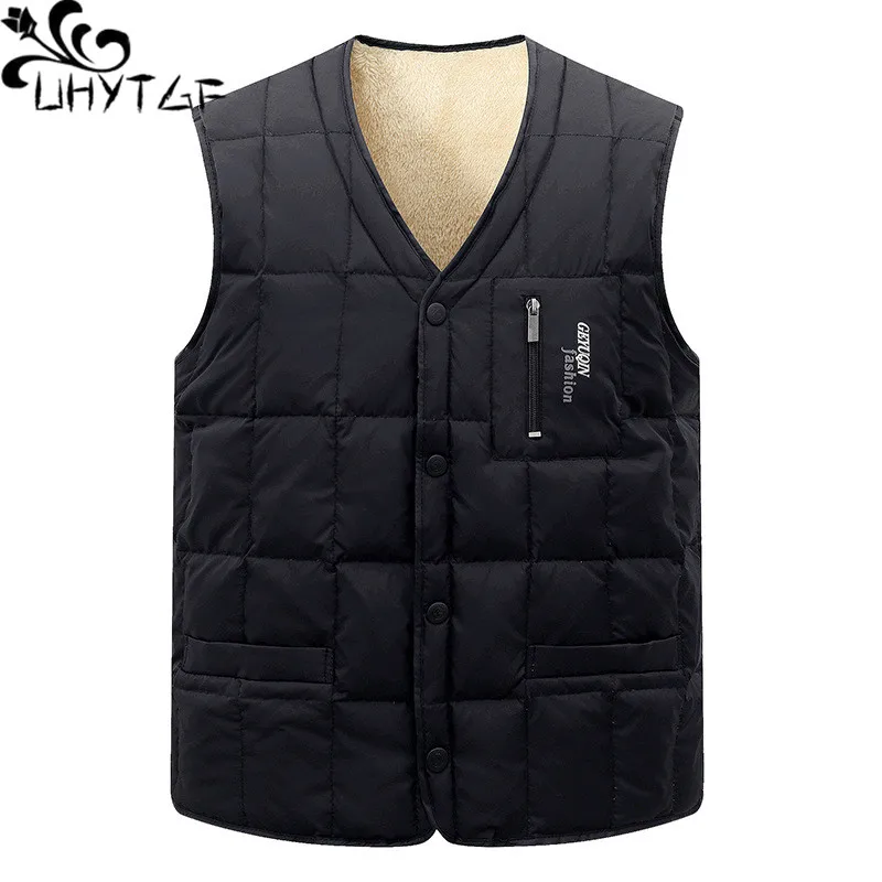 

UHYTGF Sleeveless Jacket Man Vest Plush Warm Autumn Winter Waistcoat Male Parka Cotton Coat Middle-Aged Elderly Dad Overcoat 147