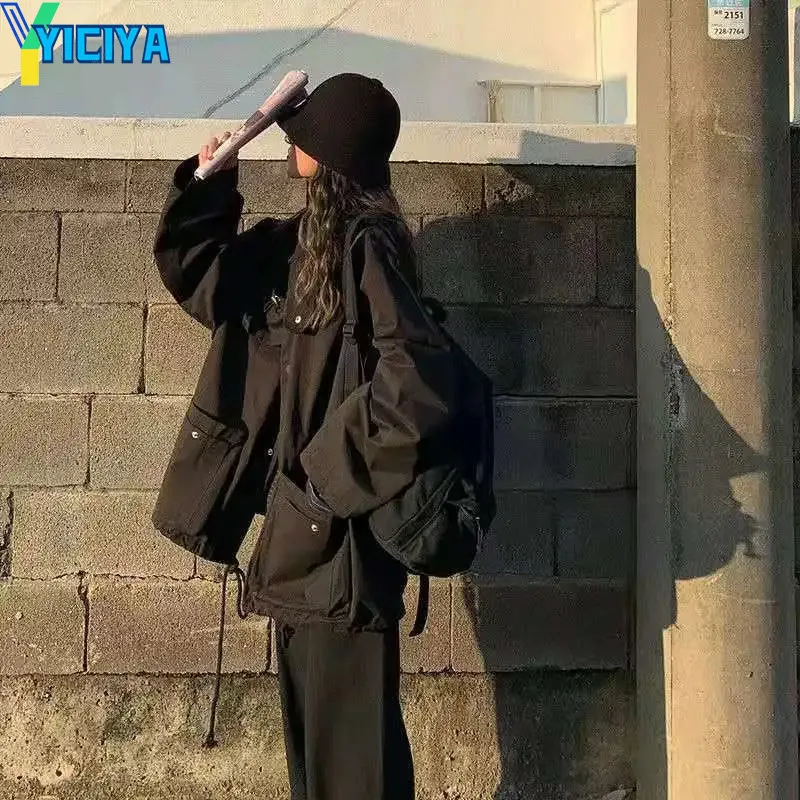 

YICIYA Jackets Women High Street Chic Cargo BF Style Spring Fashion Ladies Overcoat Adjustable Harajuku Femme Outwear New Unisex
