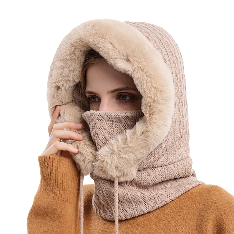 

Fur Cap Mask Set Hooded For Women Winter Knitted Cashmere Neck Warm Russia Outdoor Ski Windproof Hat Thick Plush Fluffy Beanies