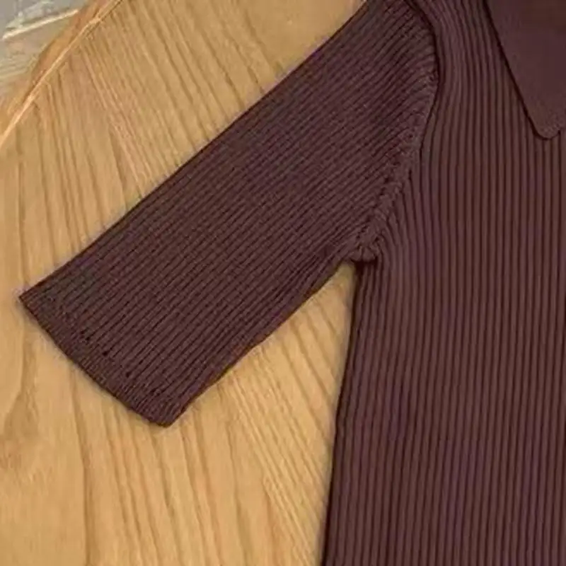 

2023 New Chocolate Brown Knitwear Lapel Short Sleeve Slim Fit Women Tops