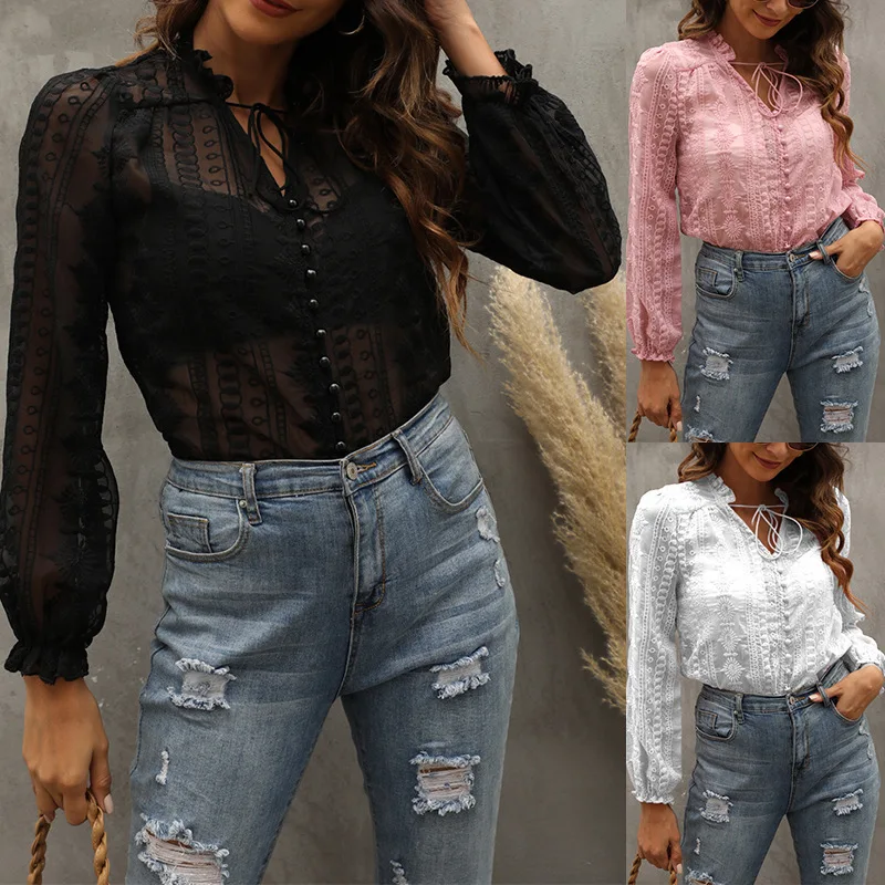 

Lace V-neck embroidered wooden ear edge long-sleeved lining tops see-through shirt ties button lady shirt casual elegant shirt