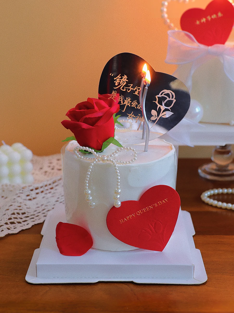 

Pearl Love Girl Birthday Cake Topper Decoration Silver Candlestick Wedding Mirror Acrylic Dessert Valentine's Day Baking Supplie
