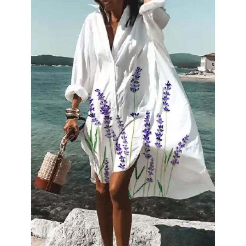 

Loose Beach Dress for Women Summer Print Shirt Dresses Women Fashion Casual Maxi Dress Women Clothing