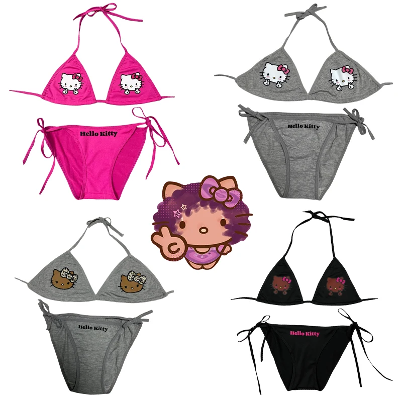 

Black Skin Hellokitty Hawaii Kawaii Halter Neck Swimsuit Anime Y2K Style Girls Camisole Underwear Set Cartoon 2Pcs Swimsuit Gift