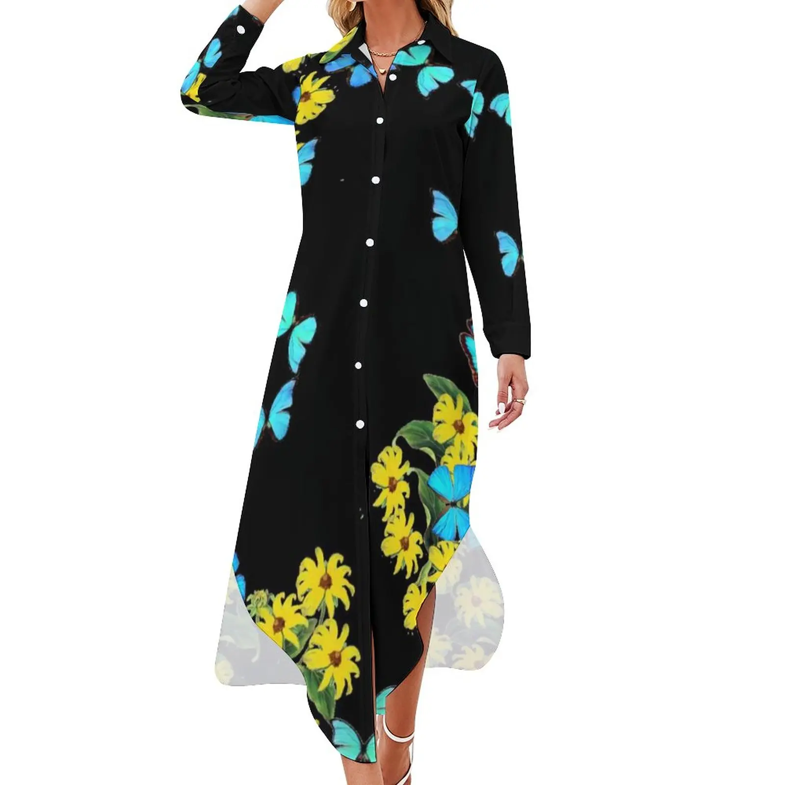 

Morpho Butterfly Floral Chiffon Dress Sexy V Neck Blue Butterflies Vintage Festival Dresses Woman Street Wear Casual Dress Gift