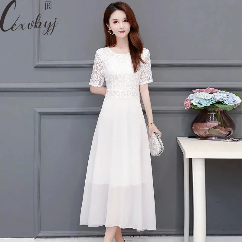 

Women Elegant Maxi Dress Sunmmer Lace Patchwork White Dress Plus Size Solid Colors Birthday Dress Hollow Out Bodycon Vestidos