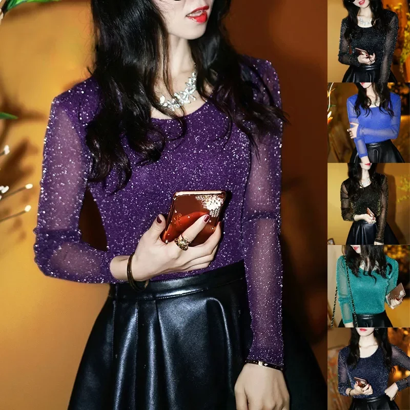 

2022New Shiny Mesh Transparent Shirts Tops For Women Spring Tops Long Sleeve Perspective Shine Office Party Clubwear T-Shirt