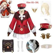 Game Genshin Impact Cosplay Klee Cosplay Costume Wig with Hat Full Set Cute Loli Dress Klee Wig Hair Backpack