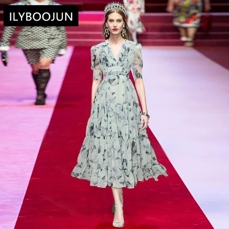 

Women's Clothing Fashion Designer Summer Midi Dresses Women's V-neck Sashes Floral Print Chiffon High Waist Vintage Party Dress