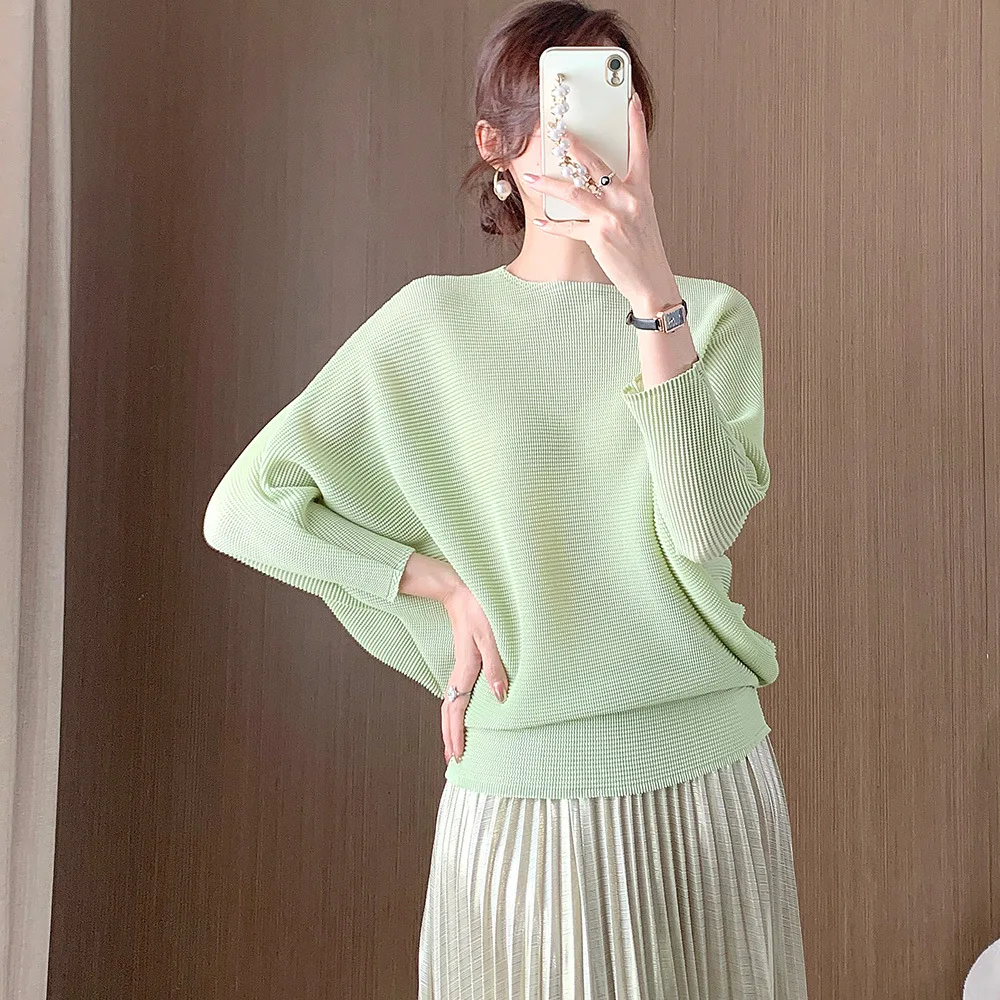 

Miyake Original Fashion Pleated Tops Women's New Loose Bat Pullover Design Sense Pressed Pleated Peplum Sweater Women's Fall