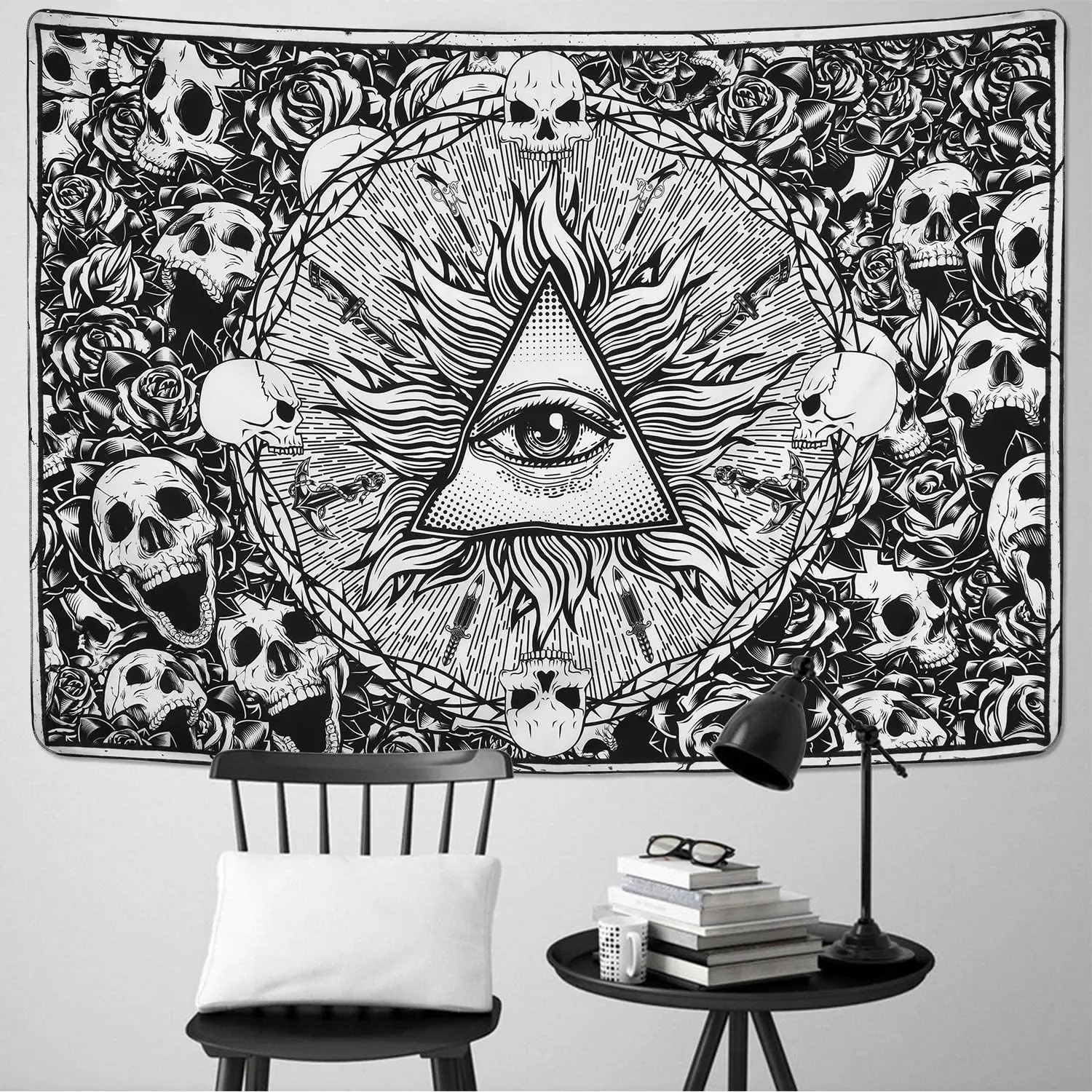 

Skull Tapestry Floral Skeleton Tapestries Flowers Eye Tapestry Black and White Tapestry Rose Tapestry Wall Hanging for Room