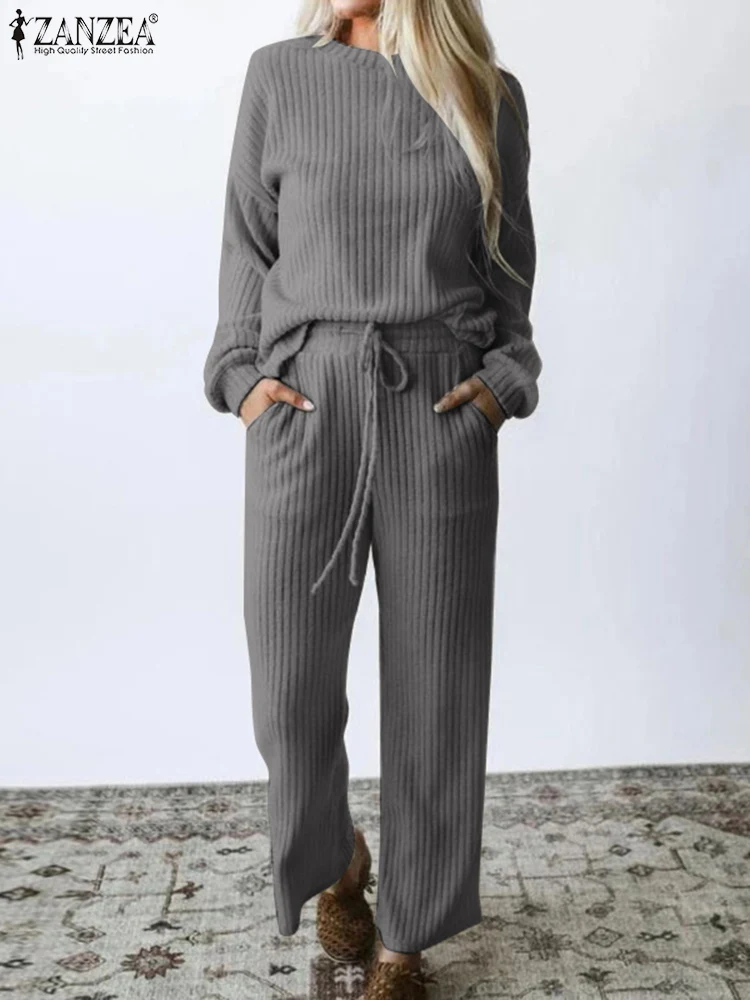 

ZANZEA Spring Woman Matching Sets 2PCS Femme Fashion Casual Loose Elastic Pocket Wide Leg Pant Lace Up Long Sleeve Party Blouse