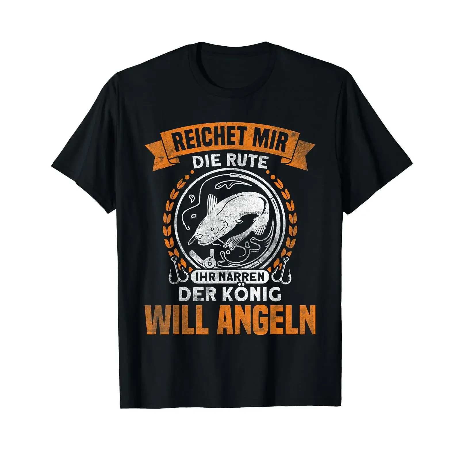 Фото Футболка Reichet mir die Rute ihr Narren Fishing, черная, винтажная, с эффектом потертости, удобная, с графическим принтом, унисекс, уличный стиль №1