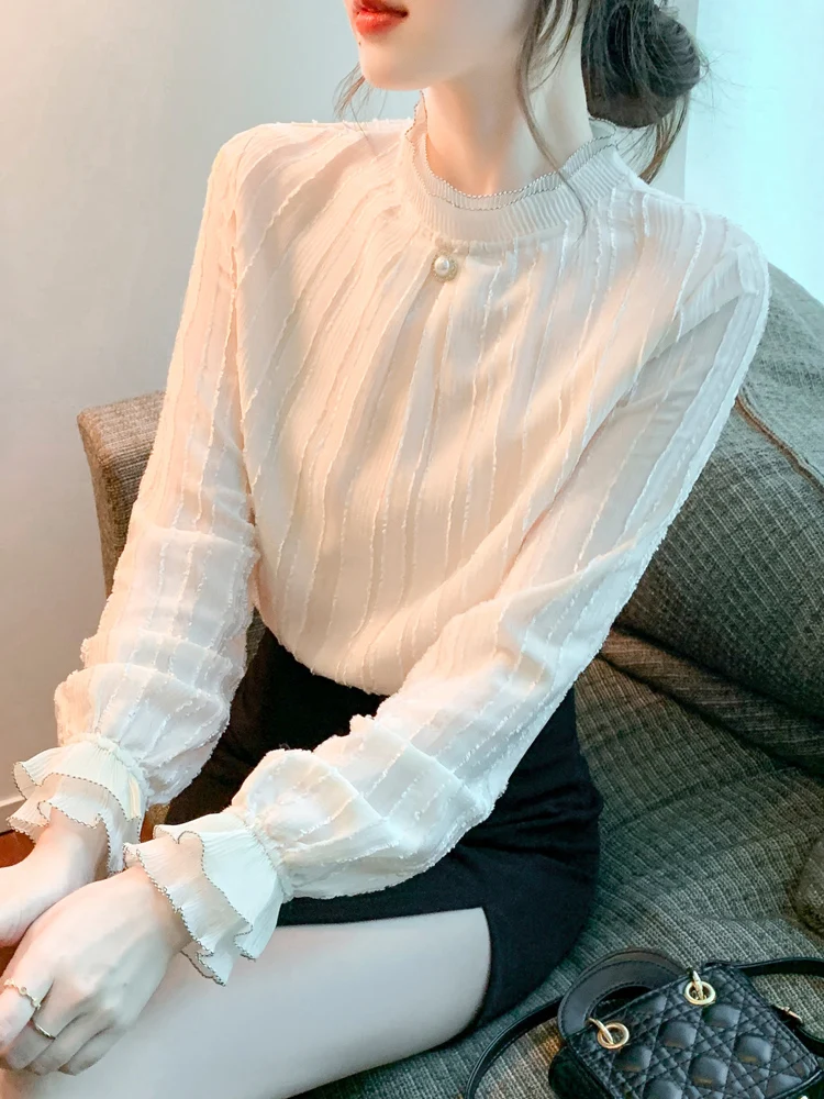 Женская шифоновая блузка с длинным рукавом абрикосовая рубашка-Топ модель F400 на