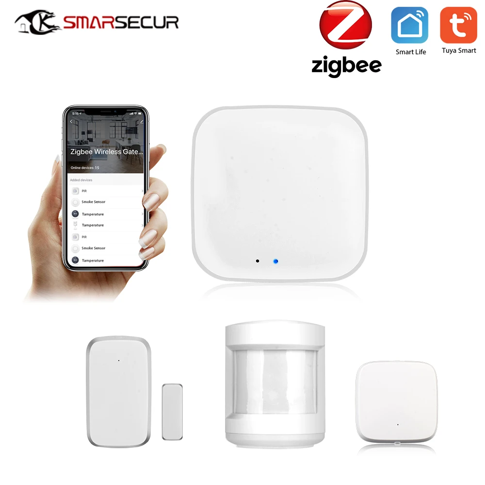 SMARSECUR Tuya Zigbee Hub Smart Home PIR Sensor Door Sensor Temperature and Humidity Sensor Home Automation Security Alarm Kit