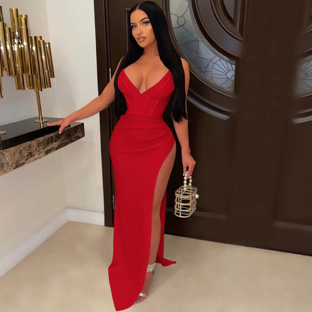 

Платья в африканском стиле для женщин, облегающее платье на бретелях-спагетти с оборками, V-образным вырезом и открытой спиной, элегантное м...