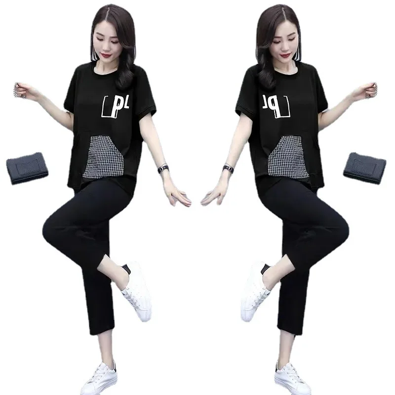 

Литературный клетчатый костюм 2022, Модные женские свободные и тонкие шаровары, повседневный комплект из двух предметов, летний комплект из двух предметов для женщин