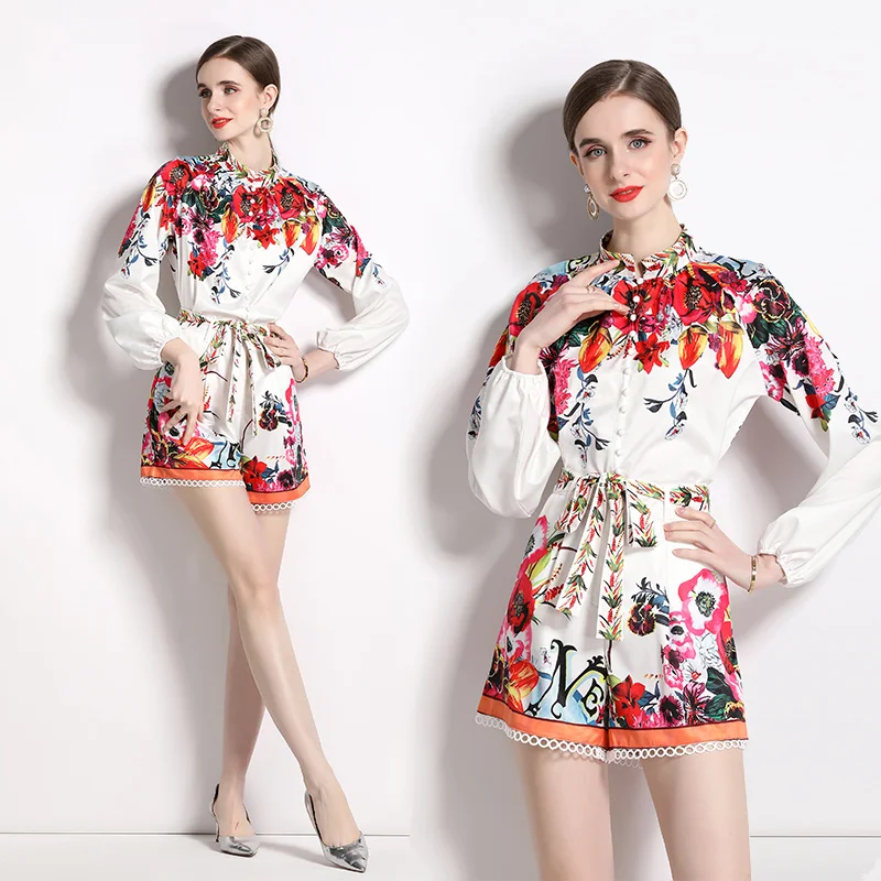 

Женский летний костюм-двойка с принтом, блузка с рукавами-фонариками и шорты с широкими штанинами, 2023