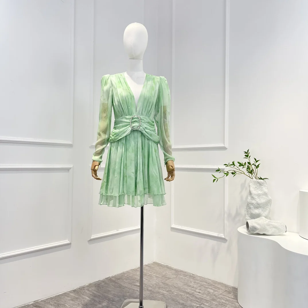 

2023 High Quality Deep-v Tonal-green Silk-georgette Crystals Gathered Waistband Layered Mini Skirt Women Dress