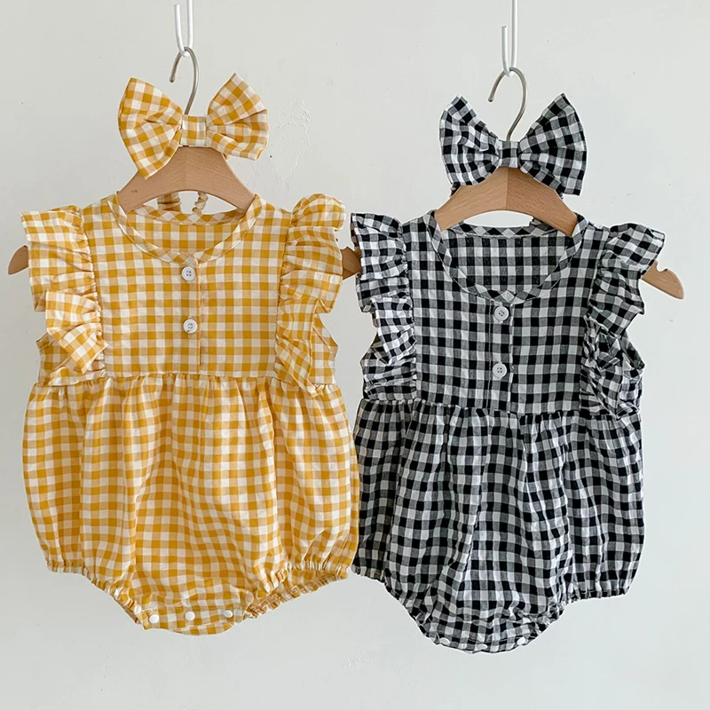 

Летние комбинезоны для новорожденных девочек + повязка на голову без рукавов, хлопковый клетчатый комбинезон для маленьких девочек, детская одежда