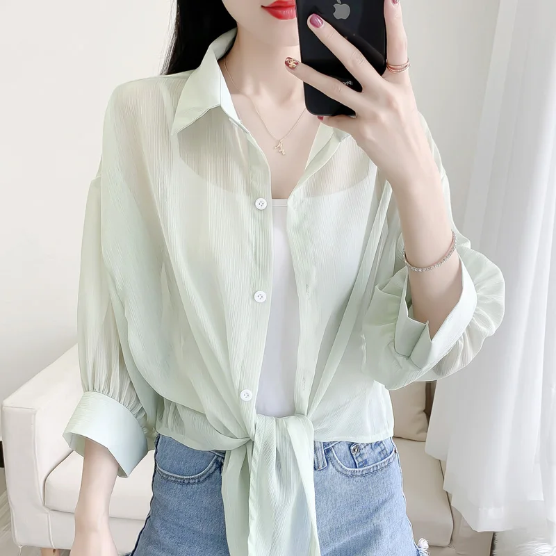 

UV Sun Protection Clothing Women's Cardigan Outside New Summer Short Chiffon Thin section Seven Points Shirt Shawl BD152