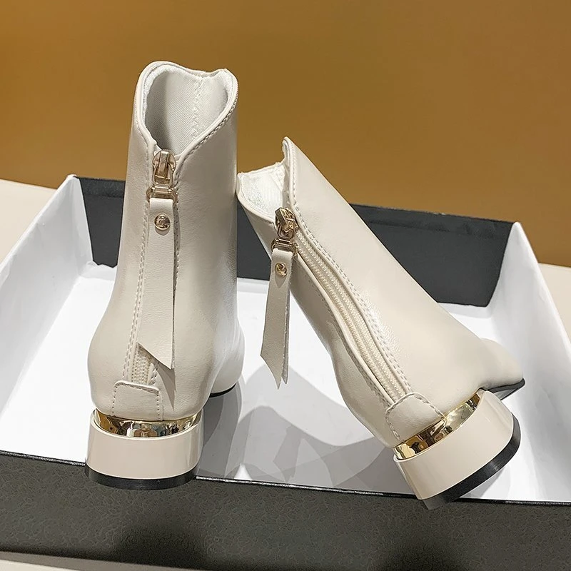 Women's pointed toe rear zipper ankle boots thick sole women's high heels square heel fleece boots 2022 autumn and winter new