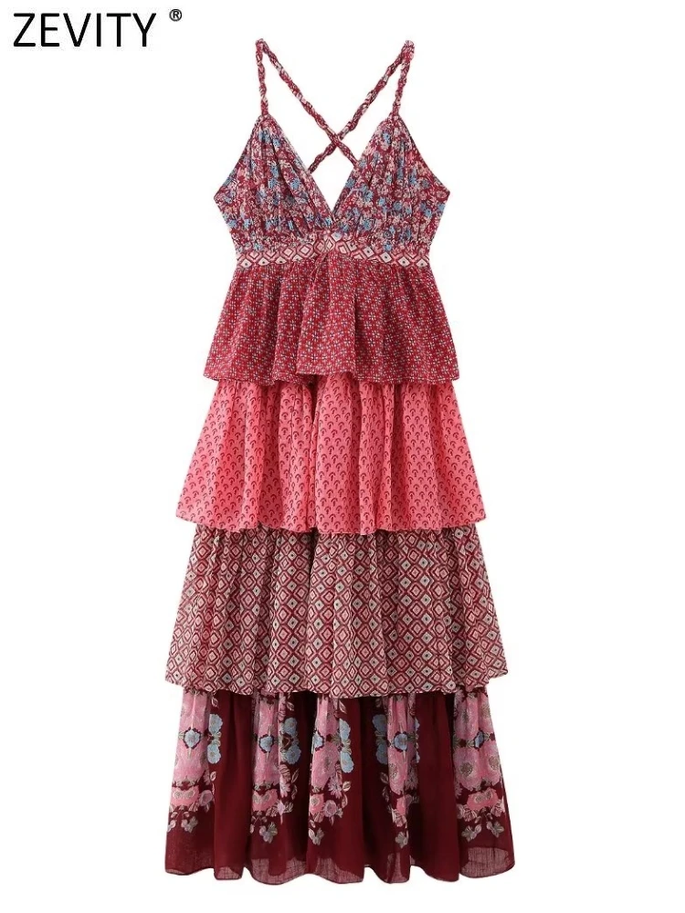 

Zevity 2023 женское модное платье миди с V-образным вырезом каскадными оборками и цветочным принтом, женское шикарное платье с открытой спиной, женское платье DS4763