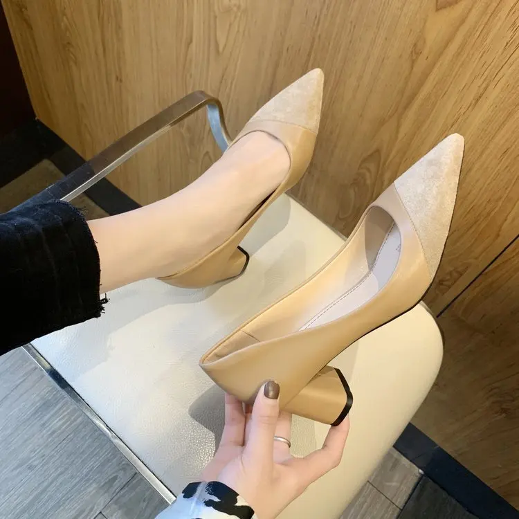 2023 spring new Korean version of splicing pointed high heels thick heel shallow mouth single shoes fashion work women's shoes