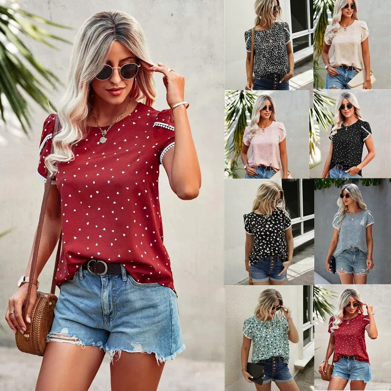 

2022 womens tops and blouses Petal Sleeve Printing O-Neck dropshipping summer women tops tees womens blouses