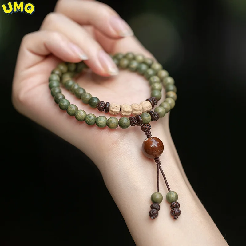 

Natural Sandalwood Beaded Rosary Green Lotus 108 Necklace 8mm Bracelet Buddhist Prayer Yoga Wooden Beads