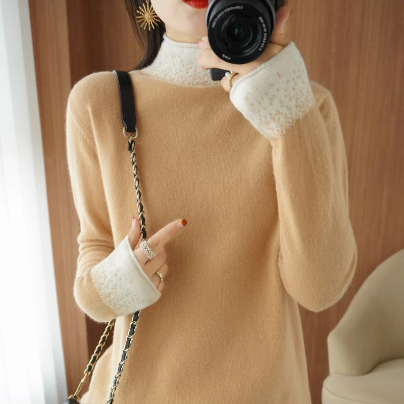 

Autumn Women Sweater Casual Pacthwork Half Turtleneck Long Sleeve Blouse Female Pullover Cashmere Sweater Wool Knitted Top Jumpe