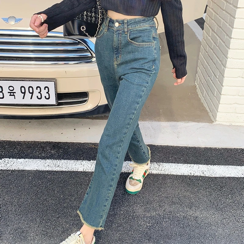 

Women Vintage High Waist Versatile Slim Pant Thick Brushed Denim Jeans Trousers Korean Casual Elegant Streetwear Clothes Chic