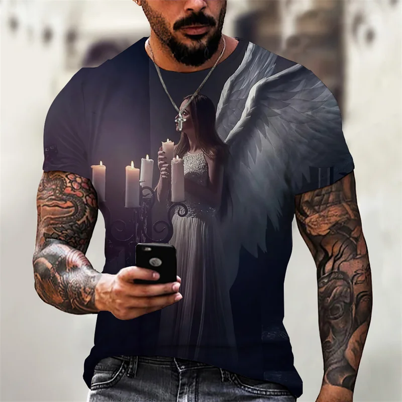 

Футболка в стиле ретро с изображением ангела, Классическая мужская футболка с короткими рукавами, топ с 3D-принтом, модная уличная женская одежда