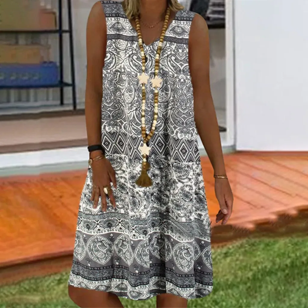 

Women Summer Dress Vintage Loose V-neck Print Sleeveless Tank Midi Dress Party Club Dresses Cotton Linen Dress