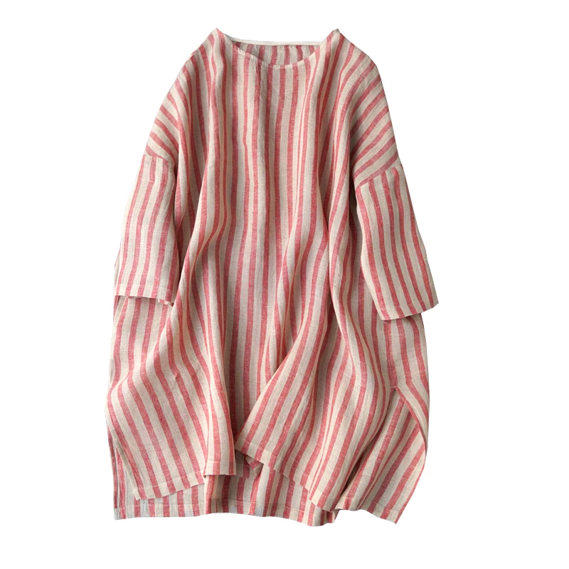 

Длинная льняная блузка в полоску, с круглым вырезом и полурукавом