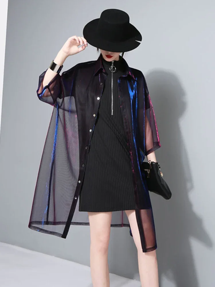 Женская блузка с отложным воротником зеленая блестящая прозрачная Свободная