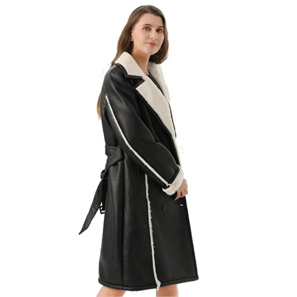 Women Winter Real Suede Slim Long Cardigan Coat Warm double-breasted v-neck With Belt Windbreaker Lining Real Lambs Jacket