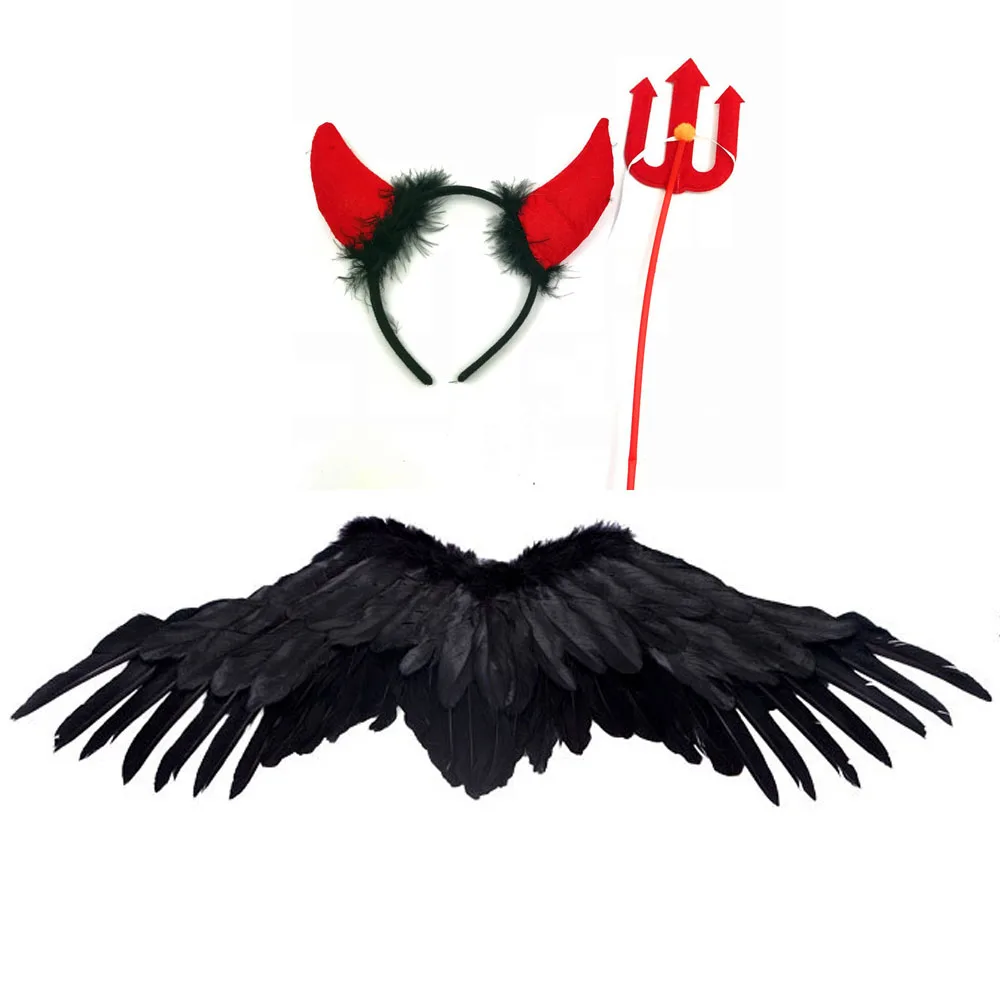 

Black Feather Devil Wings Headband Trident Triangle Fork For Adult Children Fancy Dress Party Easter Halloween Costume Cosplay