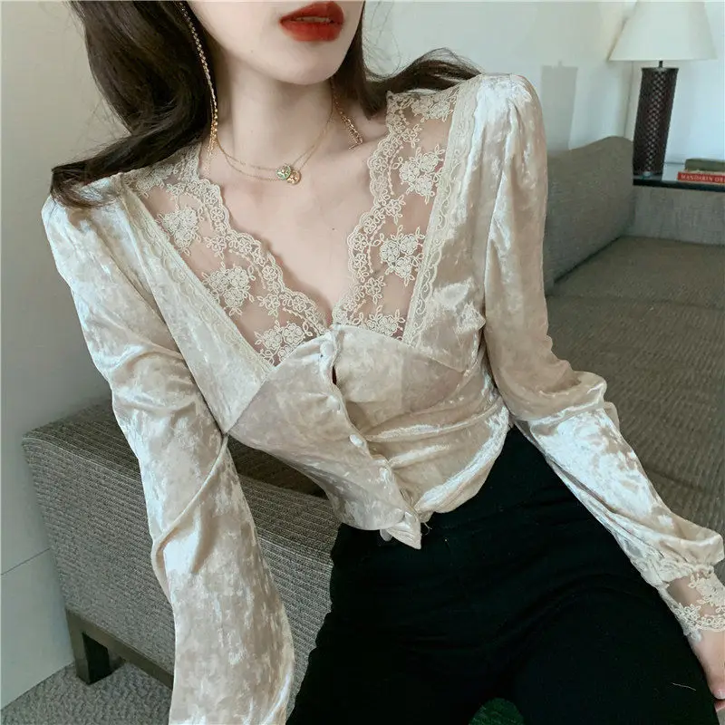 

Blouse Women V-neck Long Sleeve 2020 Fall Women's Clothing Sexy Lace Top Blusas Ropa De Mujer